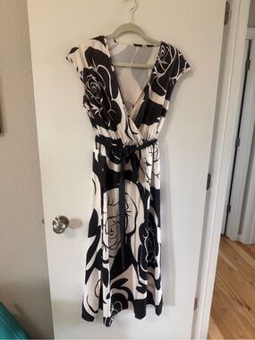 Black and White Floral Midi Wrap Dress with Waist Tie